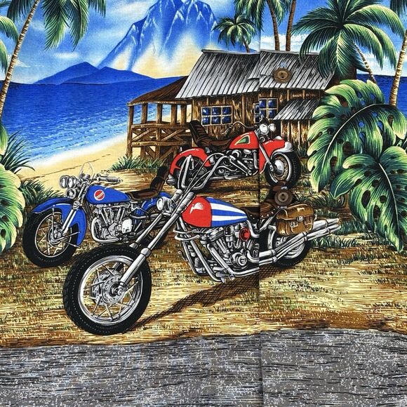 Vintage KY's Hawaiian Shirt Men's L‎ Motorcycle Ocean Mountain Beach Hut Scene - Picture 2 of 15